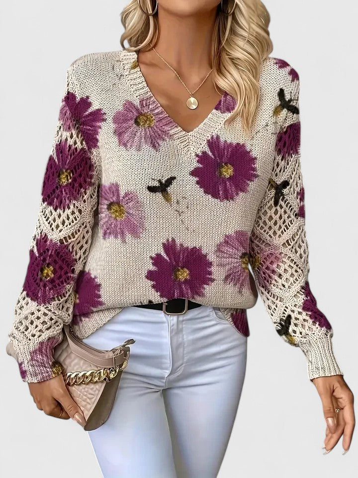 Sweter Damski w Kwiaty - Dekolt V