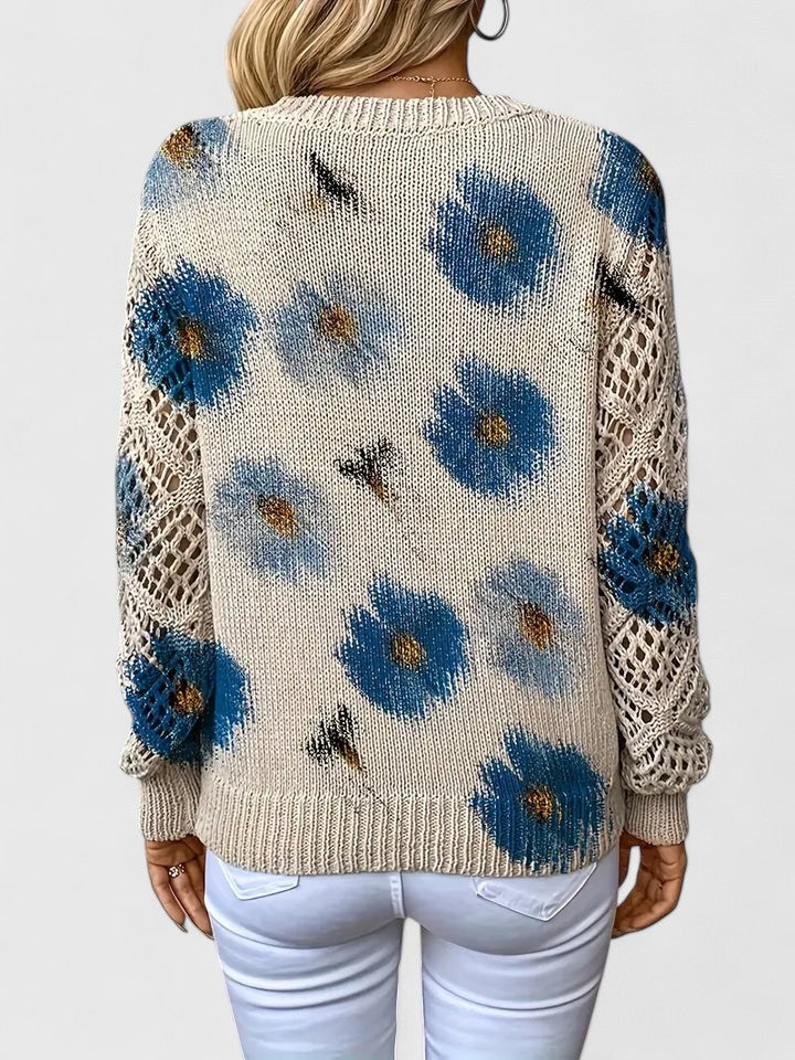 Sweter Damski w Kwiaty - Dekolt V