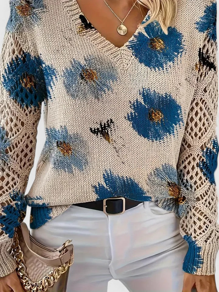 Sweter Damski w Kwiaty - Dekolt V