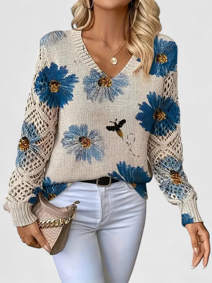 Sweter Damski w Kwiaty - Dekolt V