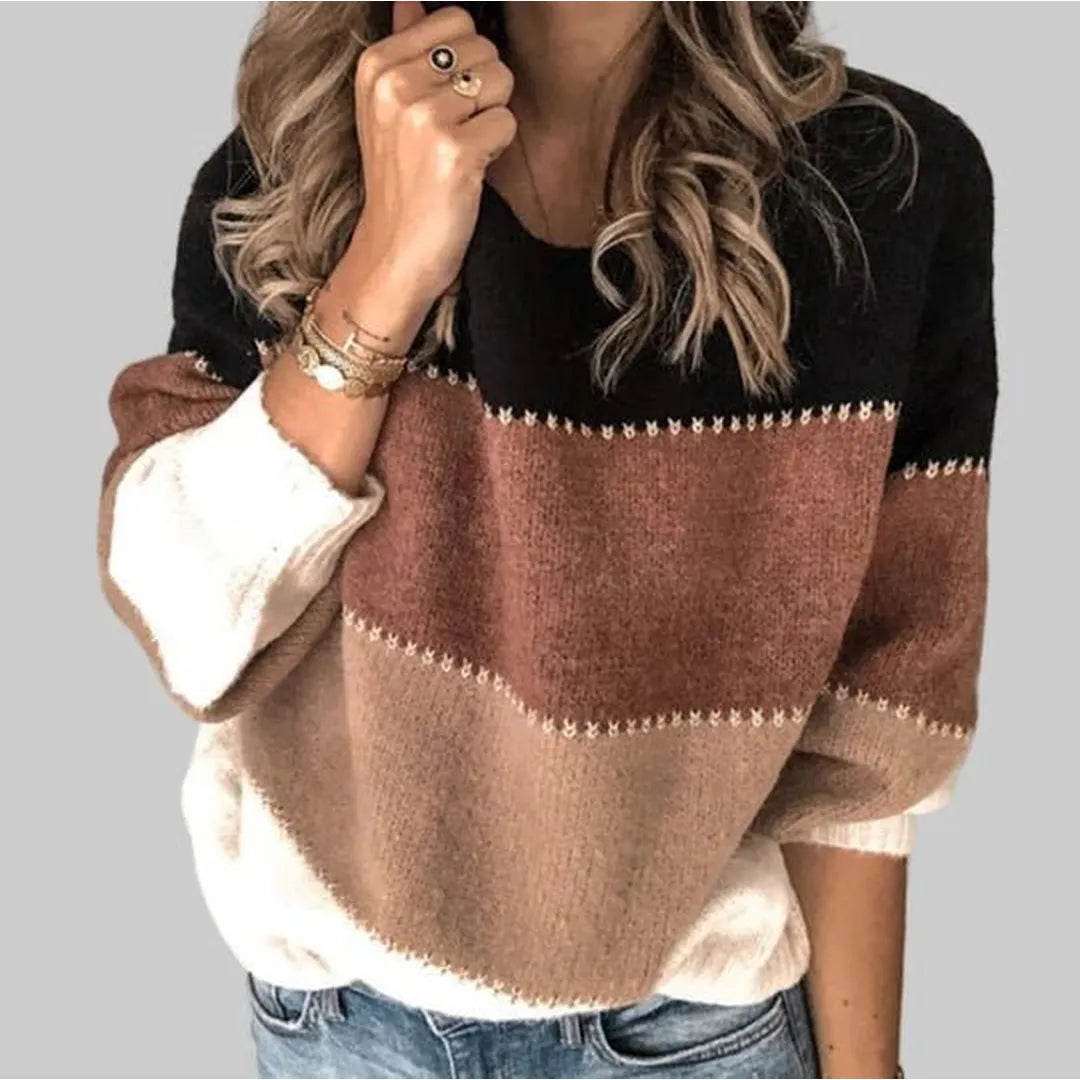 Sweter Damski w Paski o Prostym Kroju - Brązowy