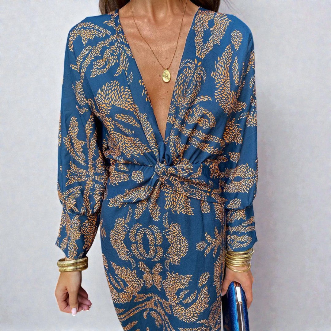 Damska wieczorowa sukienka midi z kopertową linią