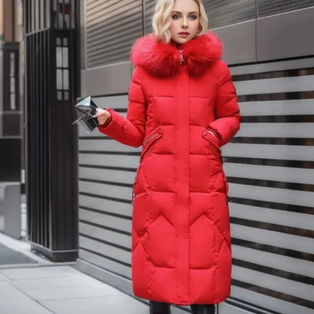 Długi damski płaszcz zimowy z regulowanym kapturem