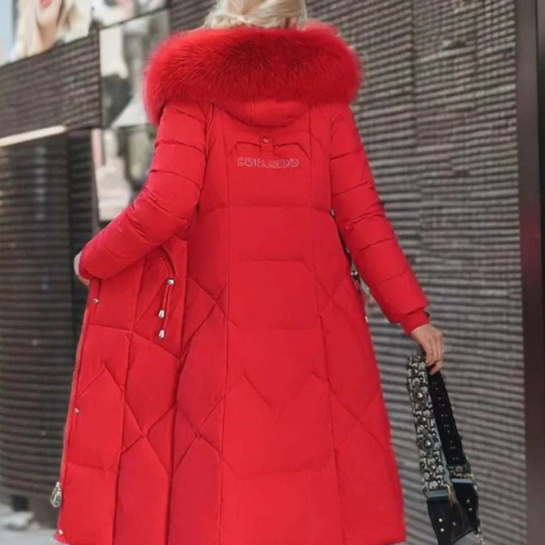 Długi damski płaszcz zimowy z regulowanym kapturem