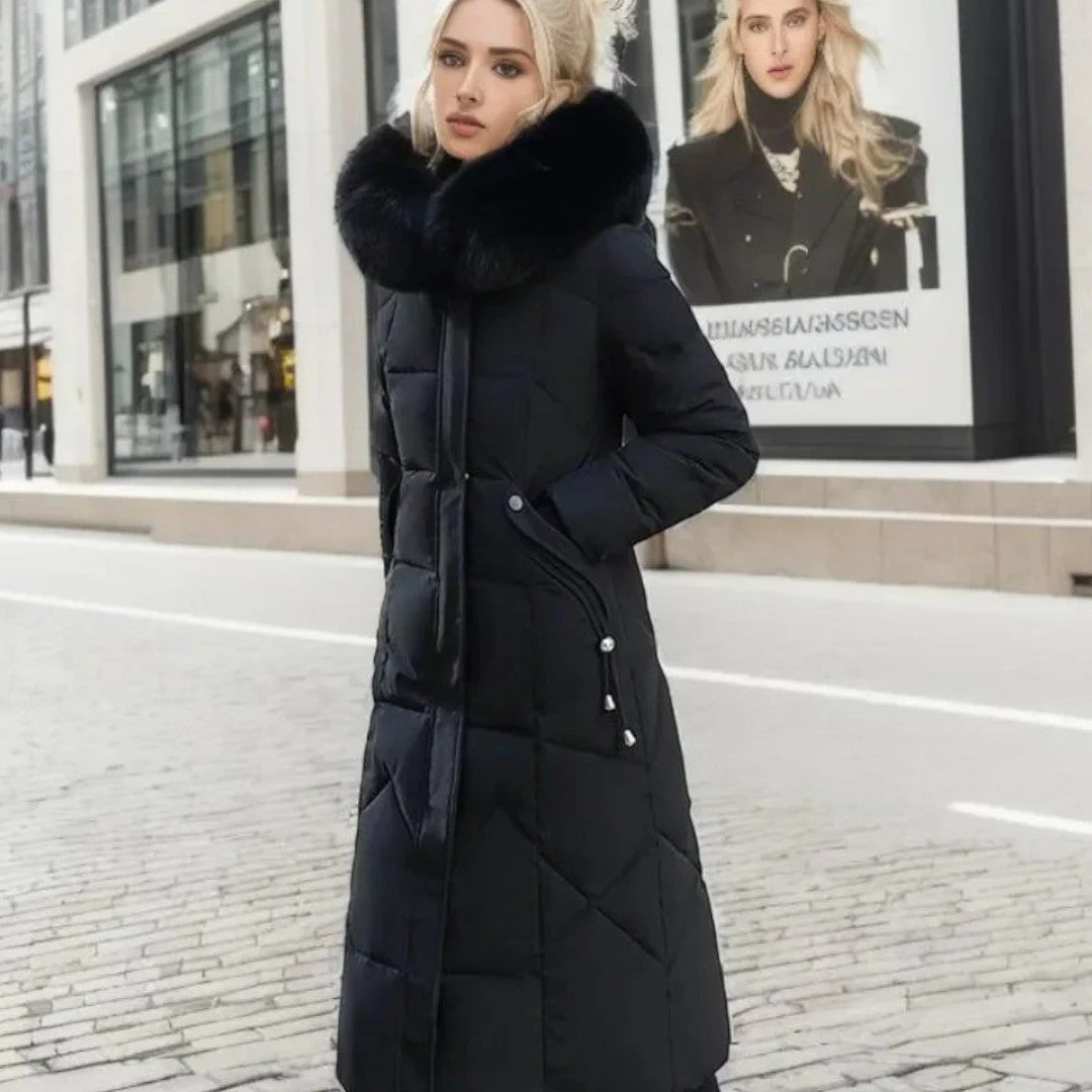 Długi damski płaszcz zimowy z regulowanym kapturem