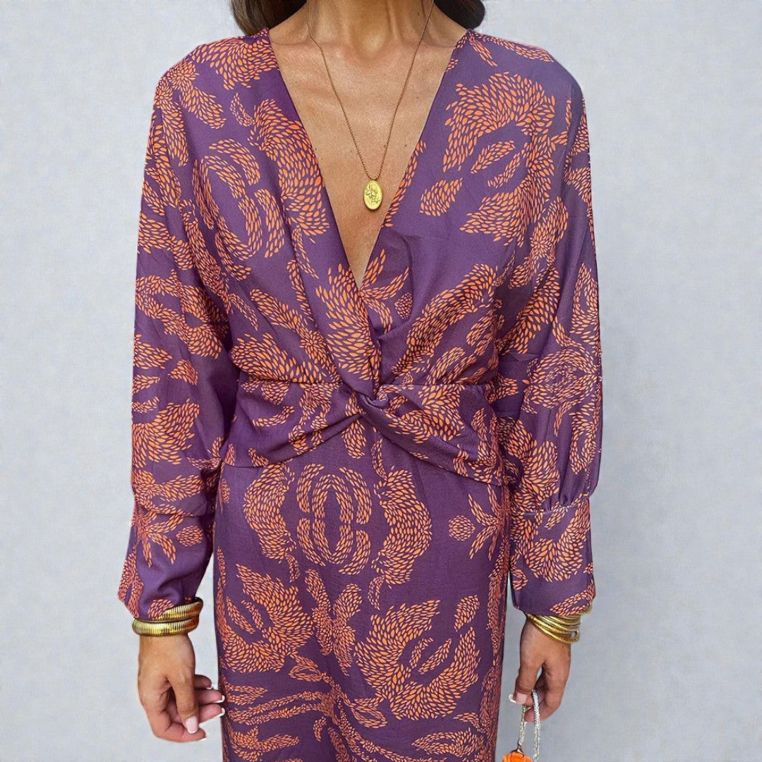 Damska wieczorowa sukienka midi z kopertową linią