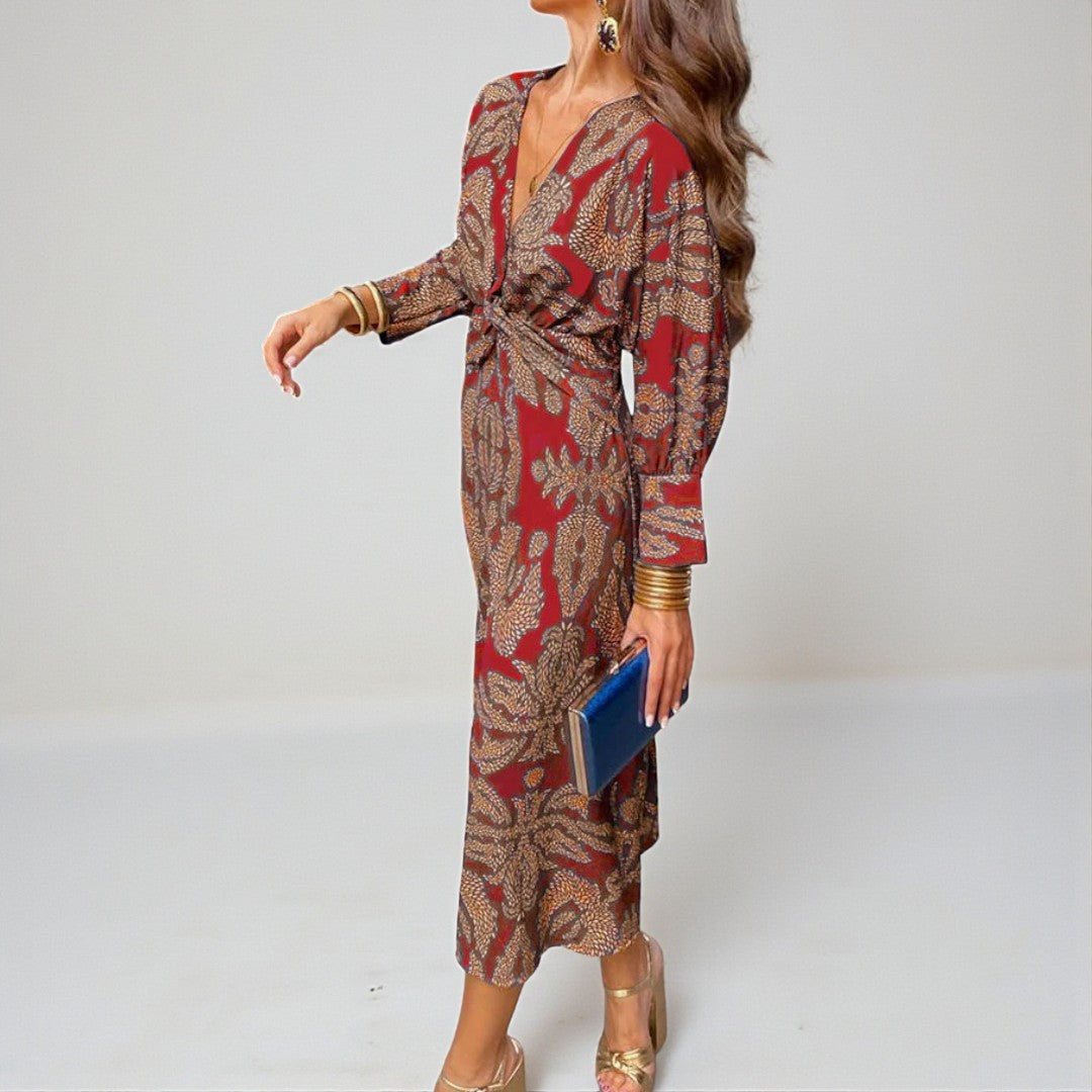 Damska wieczorowa sukienka midi z kopertową linią