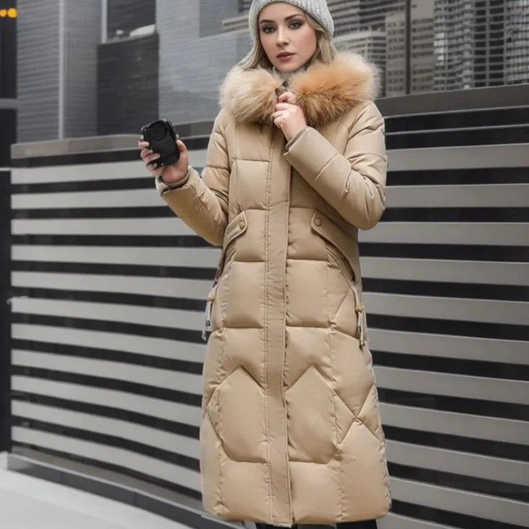 Długi damski płaszcz zimowy z regulowanym kapturem