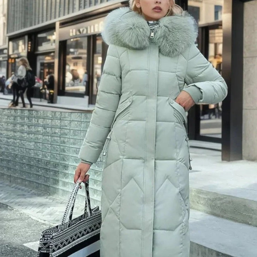 Długi damski płaszcz zimowy z regulowanym kapturem