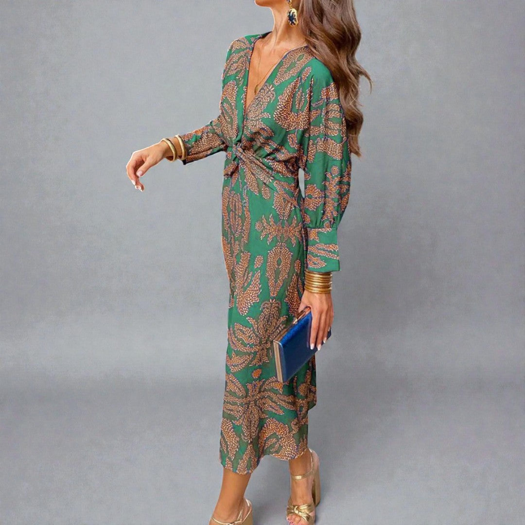 Damska wieczorowa sukienka midi z kopertową linią