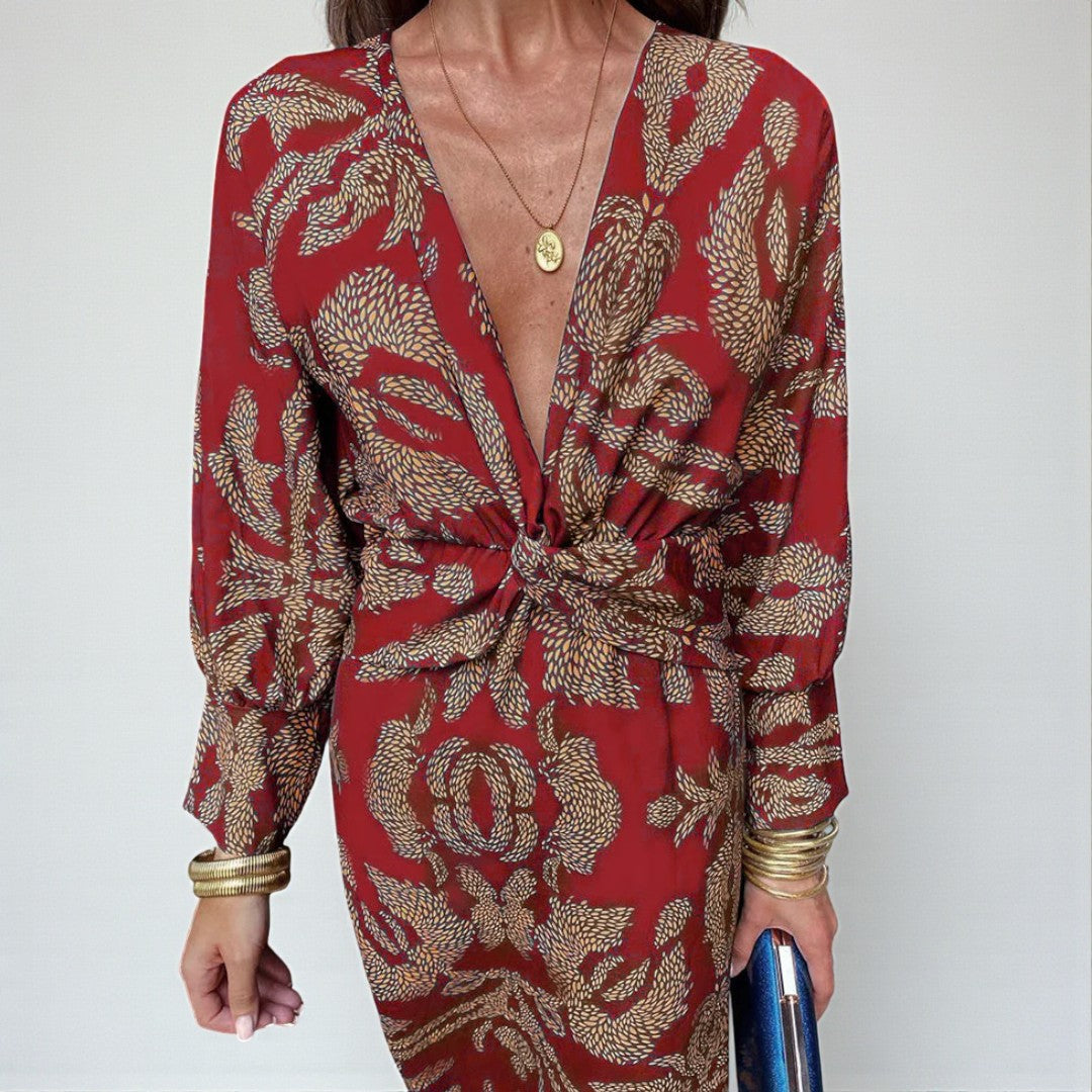 Damska wieczorowa sukienka midi z kopertową linią