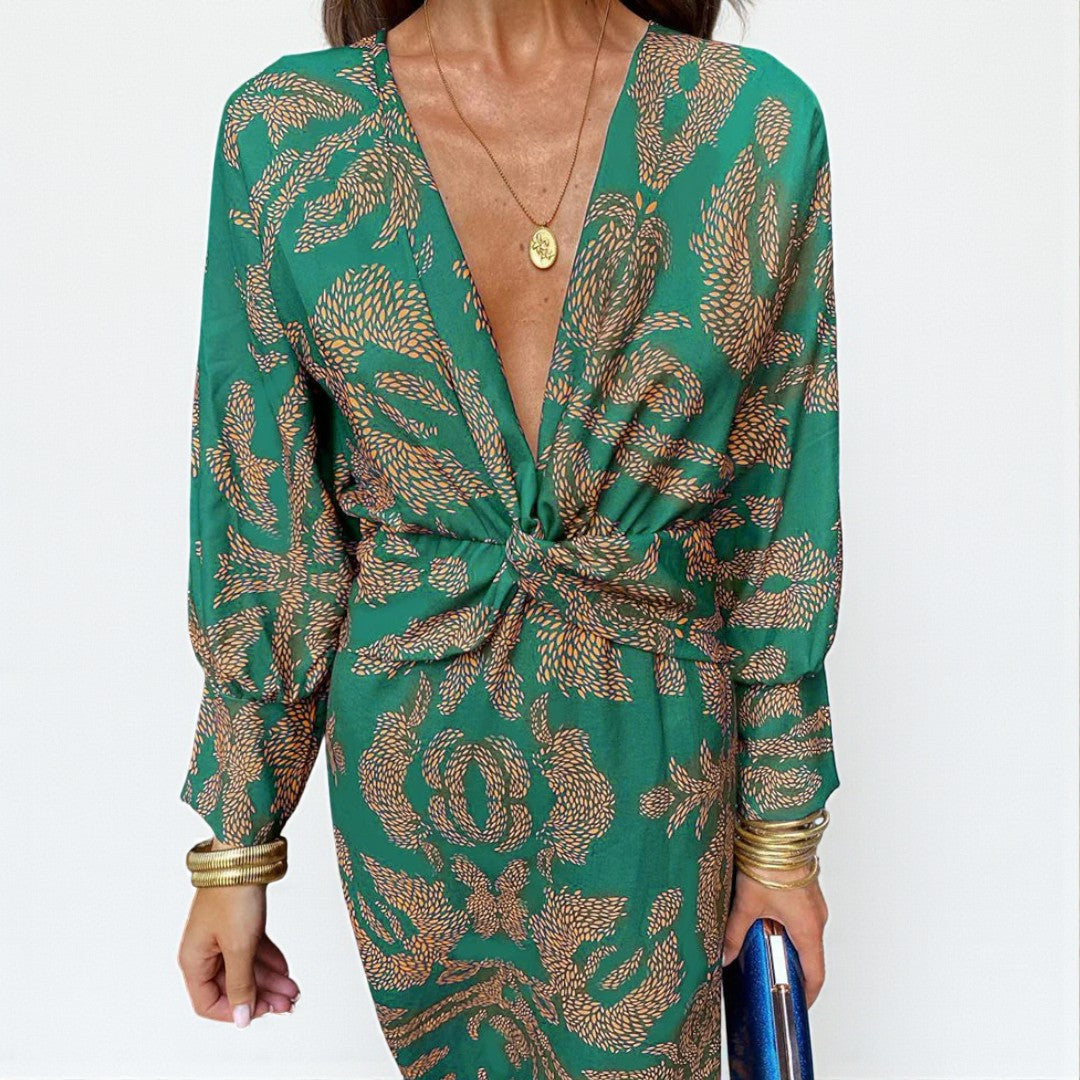 Damska wieczorowa sukienka midi z kopertową linią