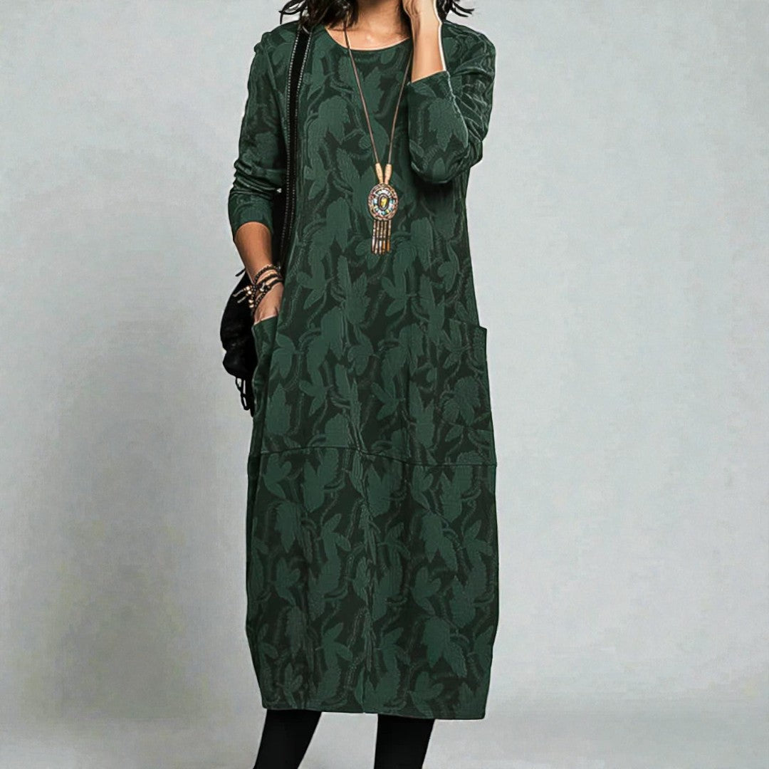 Damska zimowa sukienka midi z długim rękawem i kieszeniami