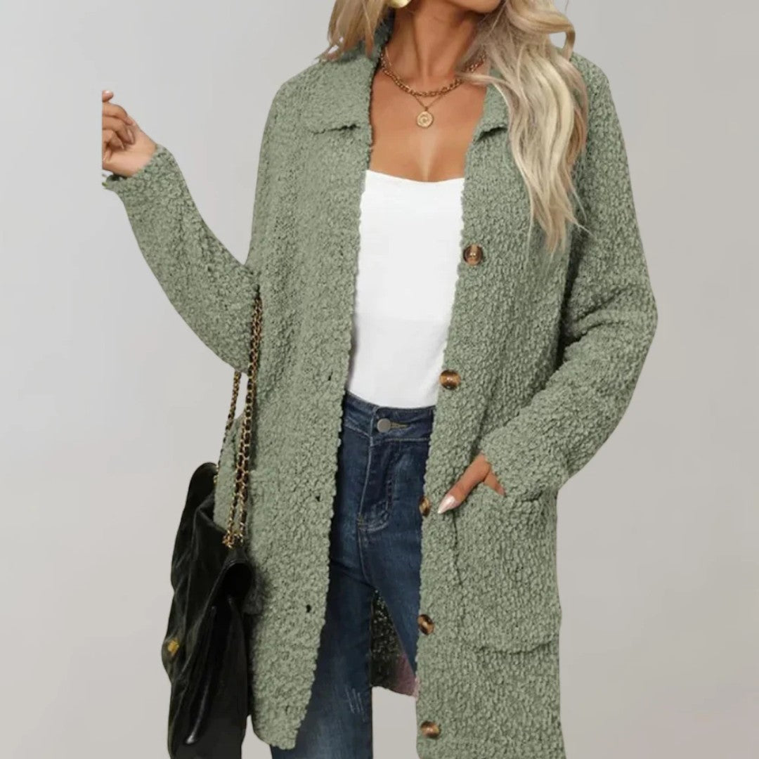Długi damski kardigan o swobodnej formie z kieszeniami