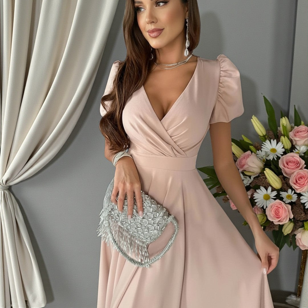 Damska midi sukienka z marszczoną górą i rękawami bufkami