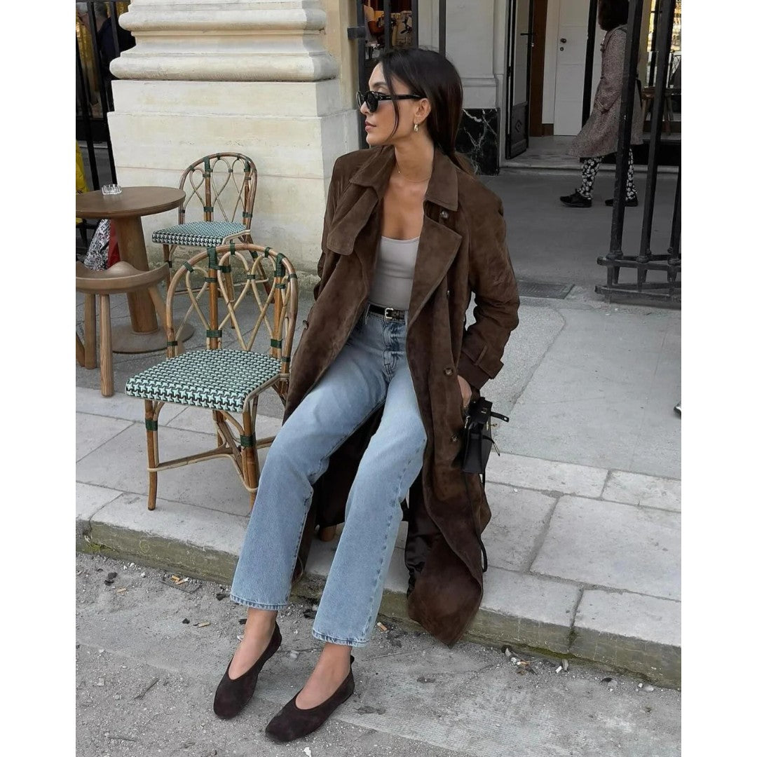 Damski trencz o wyglądzie zamszu