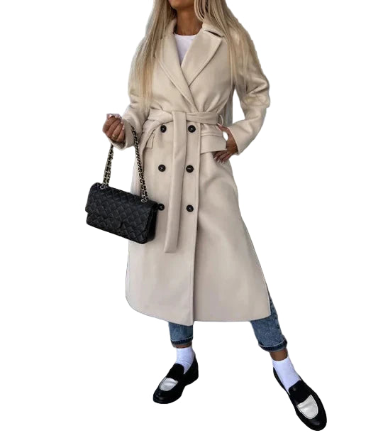 Długi płaszcz zimowy damski z paskiem i dwurzędowym zapięciem