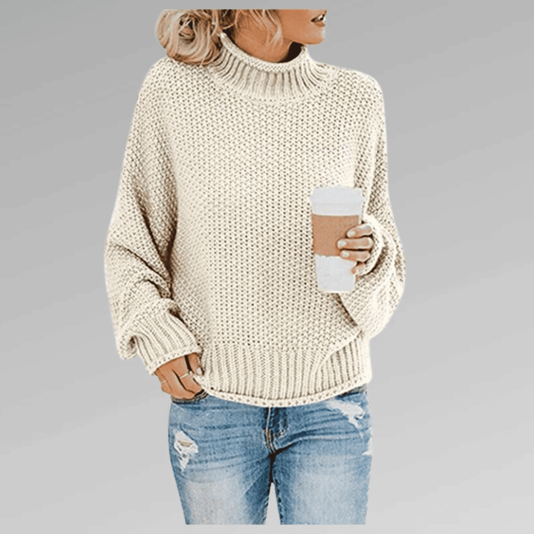 Sweter Damski o Luźnym Kroju - Półgolf i Szerokie Rękawy