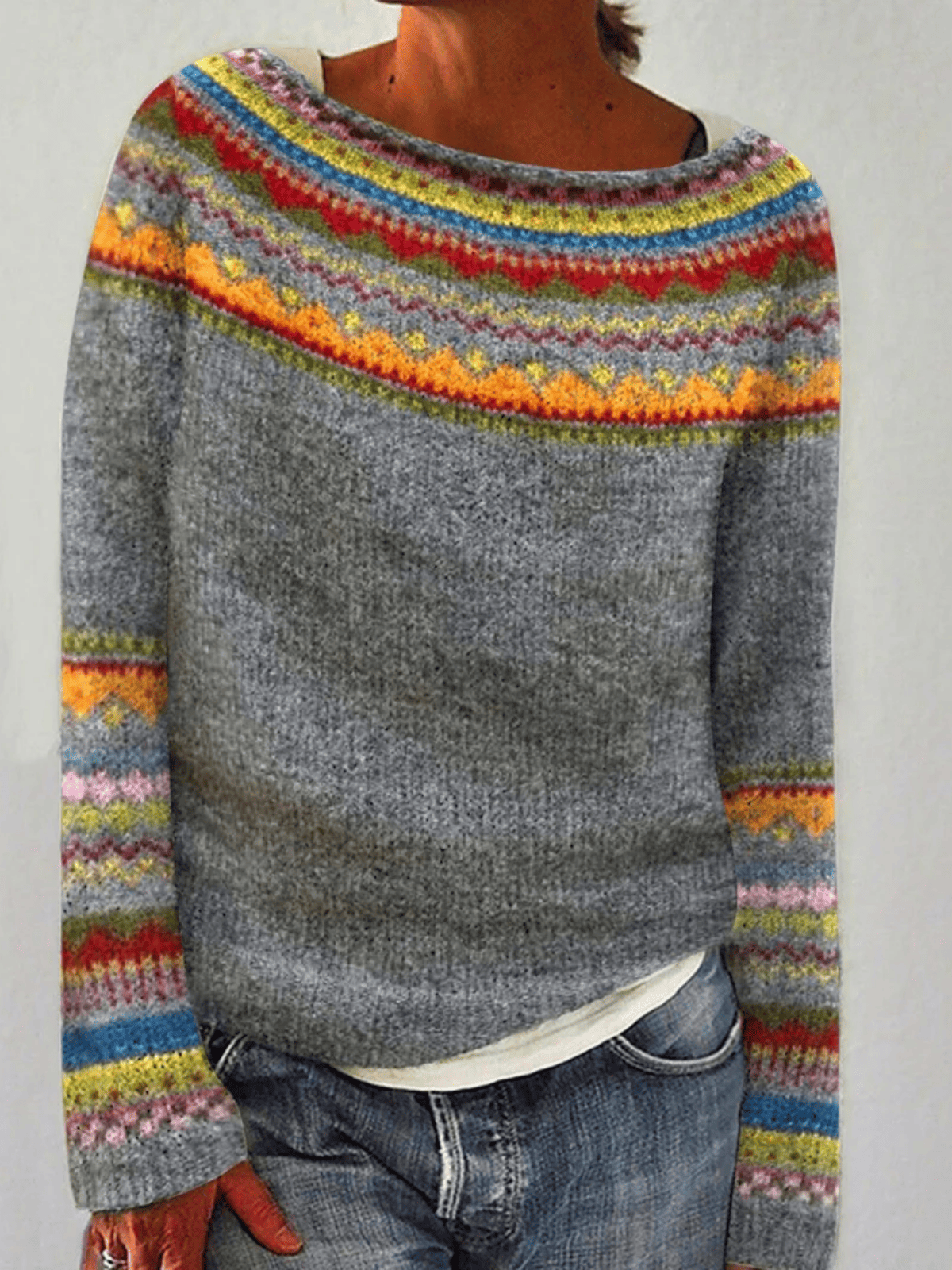 Sweter Damski z Dekoltem w Łódkę - Wzór na Karczku