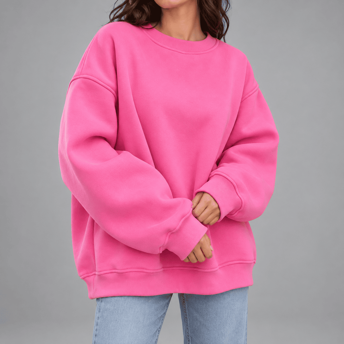 Bluza Damska - Oversize Bez Kaptura z Okrągłym Dekoltem