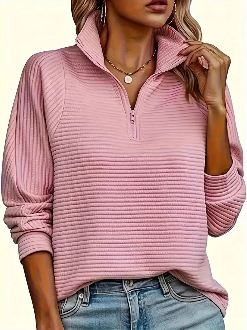 Bluza Damska - Stójka z Zamkiem i Prążkowana Struktura