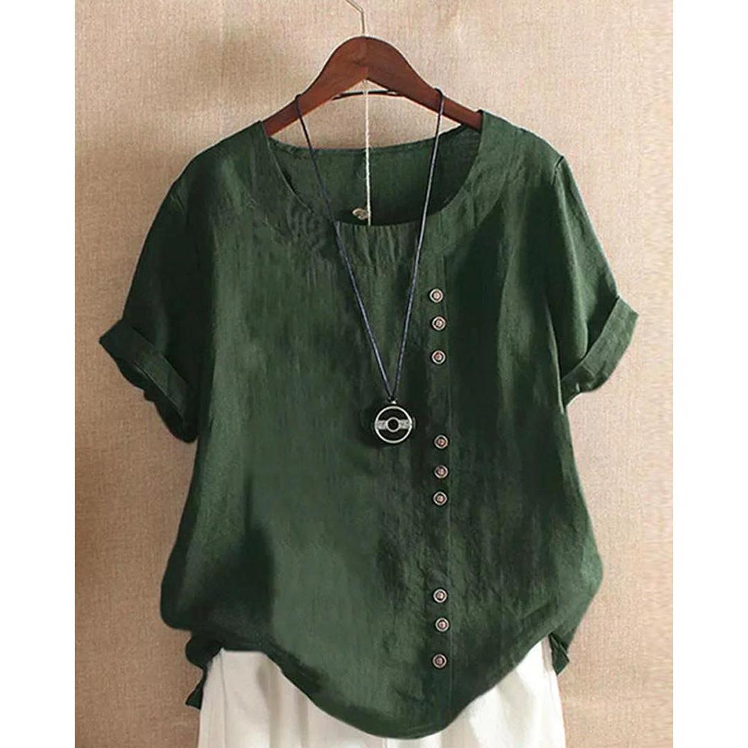 Bluzka Damska z Krótkim Rękawem, Zapinana na Guziki