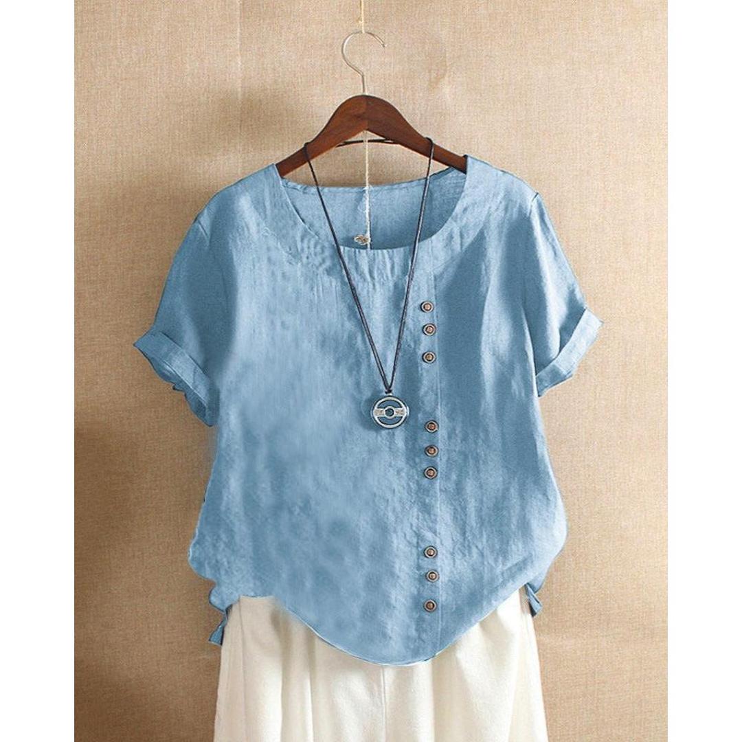 Bluzka Damska z Krótkim Rękawem, Zapinana na Guziki