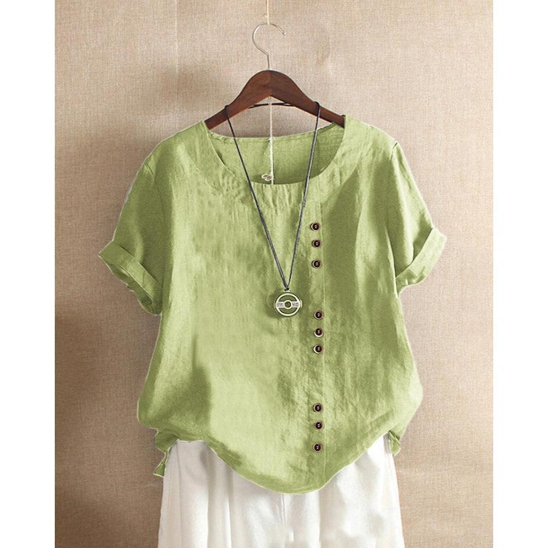 Bluzka Damska z Krótkim Rękawem, Zapinana na Guziki