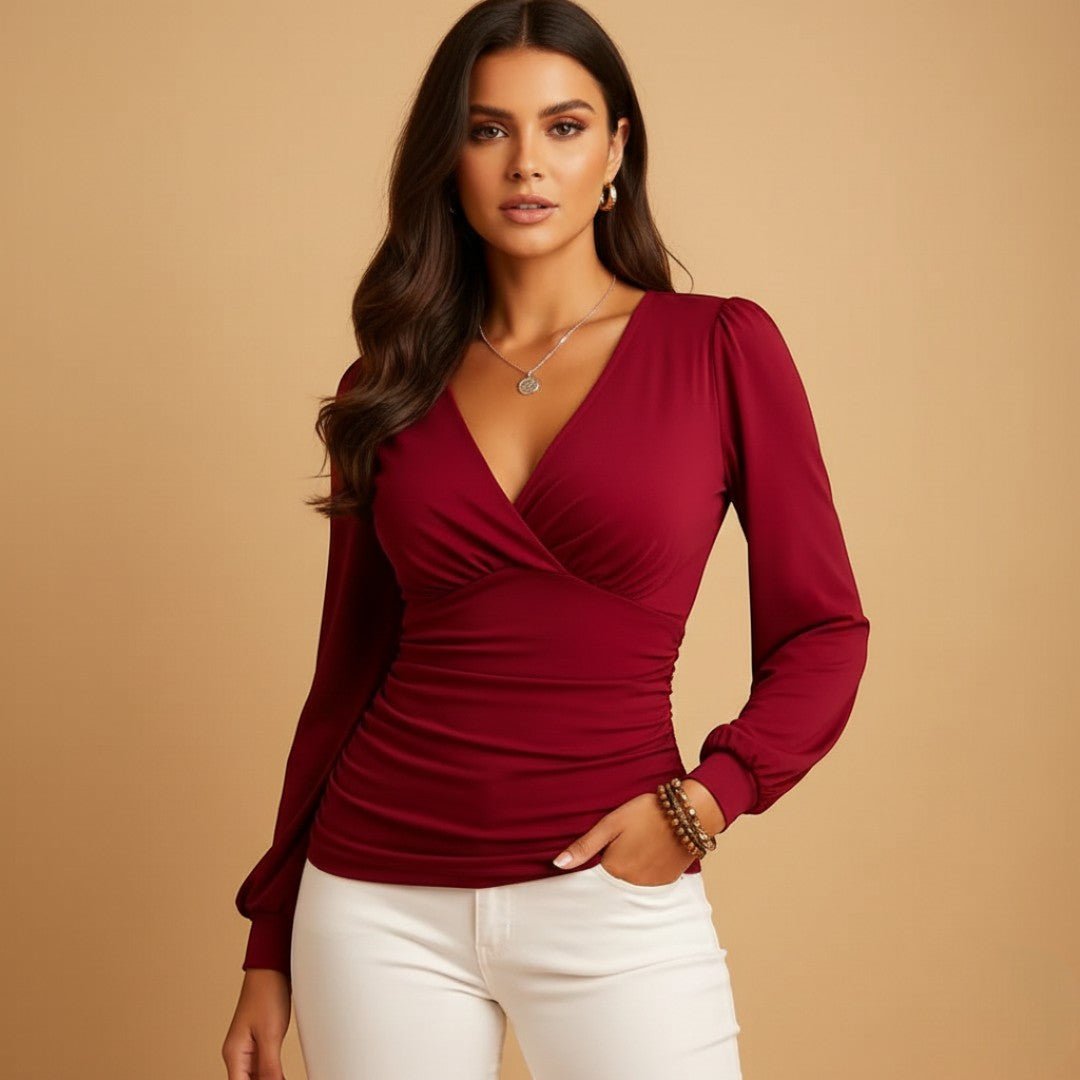 Damska bluzka z długim rękawem i dekoltem V - Bordowy