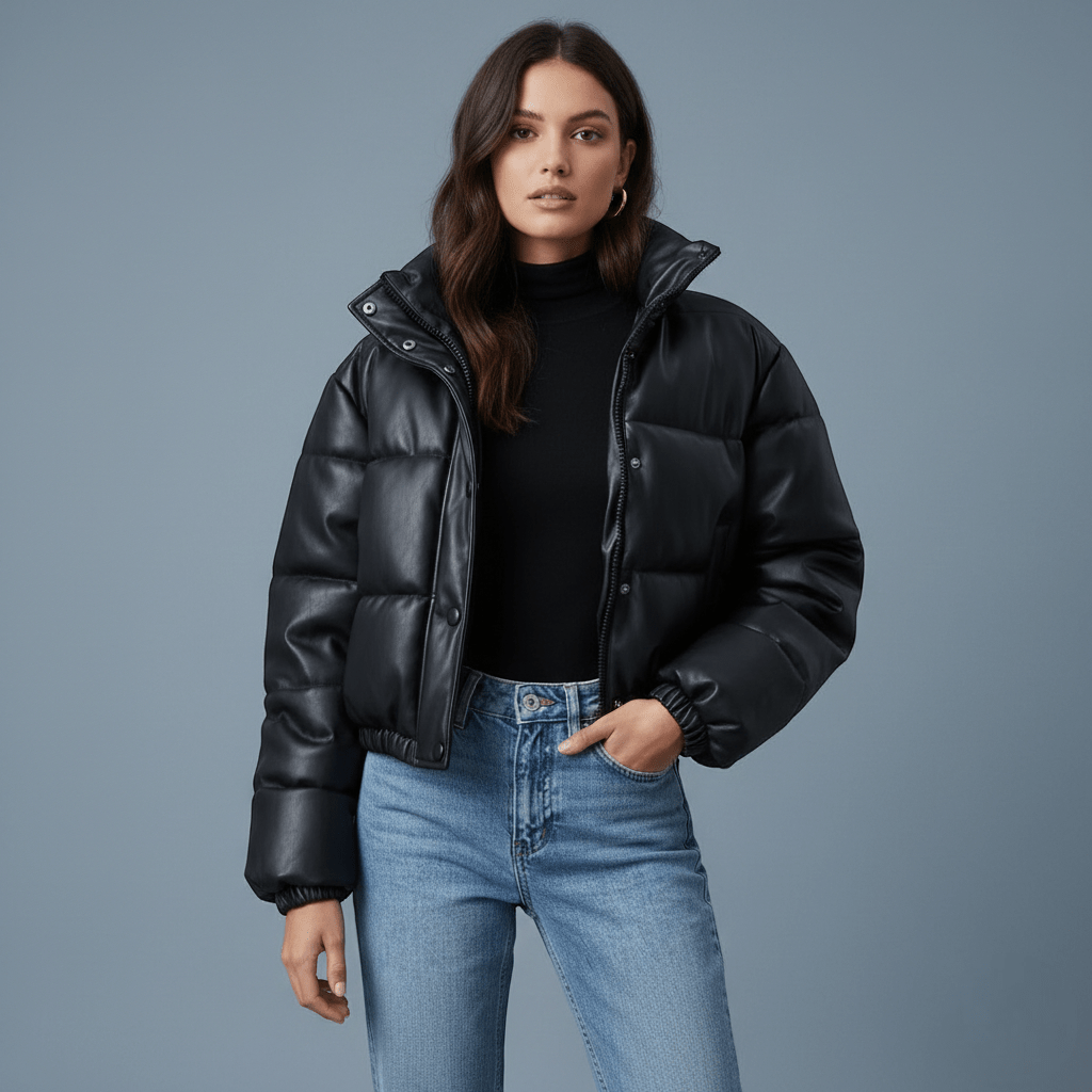 Damska kurtka puchowa o skórzanym wyglądzie - Czarny