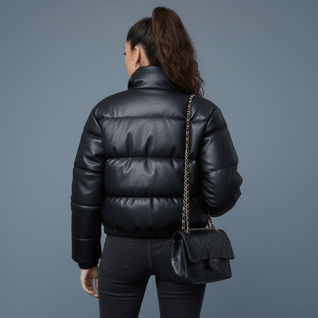 Damska kurtka puchowa o skórzanym wyglądzie - Czarny