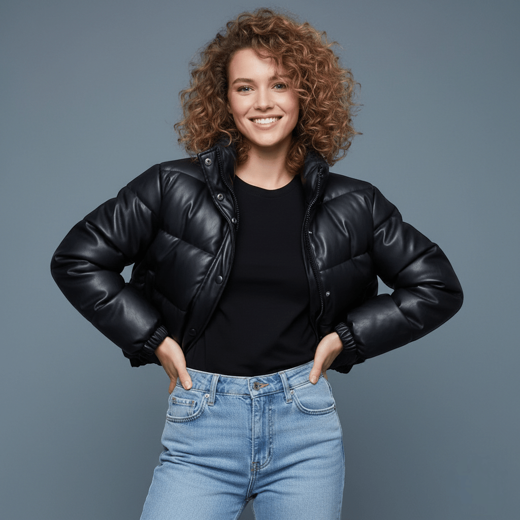 Damska kurtka puchowa o skórzanym wyglądzie - Czarny