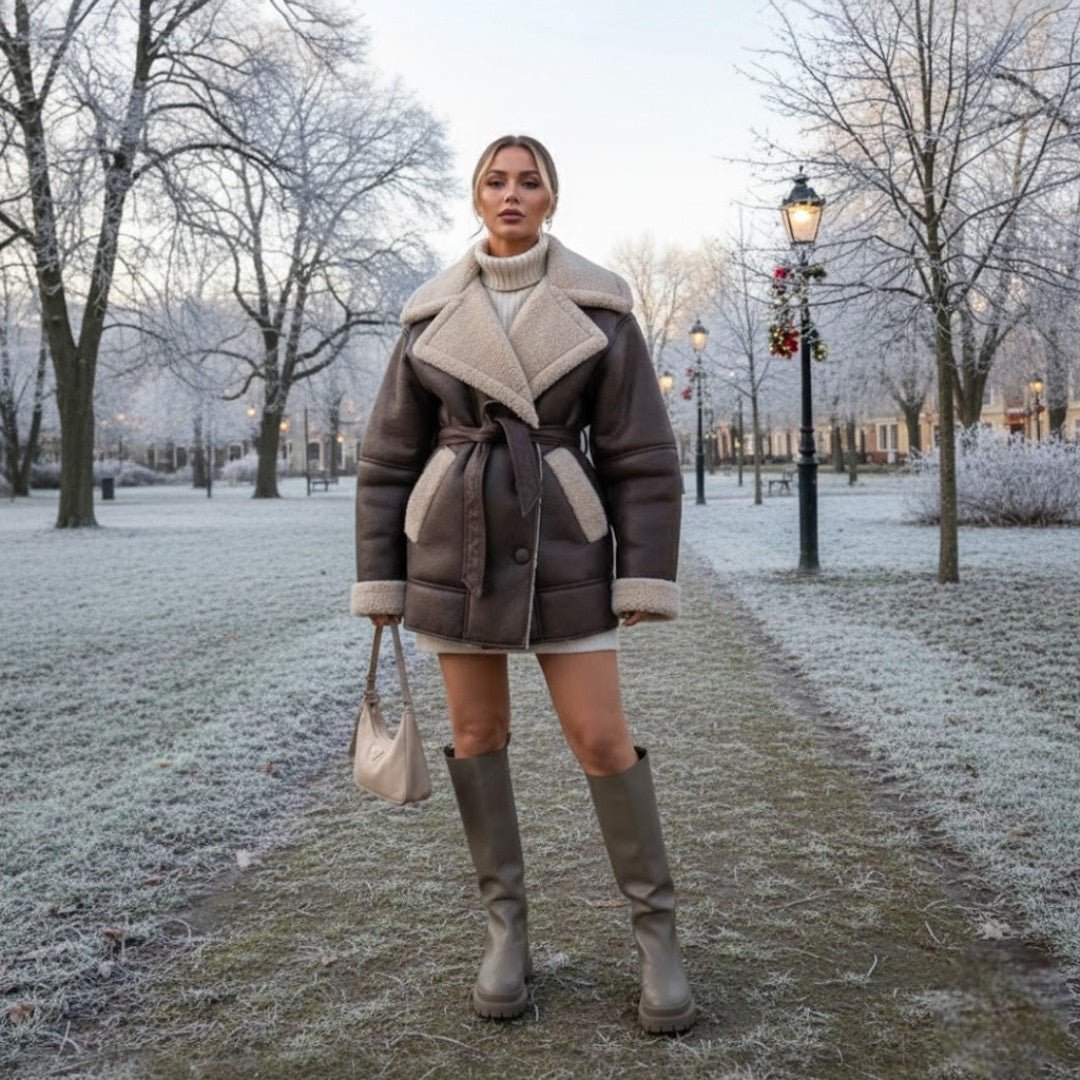 Damska kurtka zimowa oversize z dużym kołnierzem i paskiem do wiązania - Brązowy