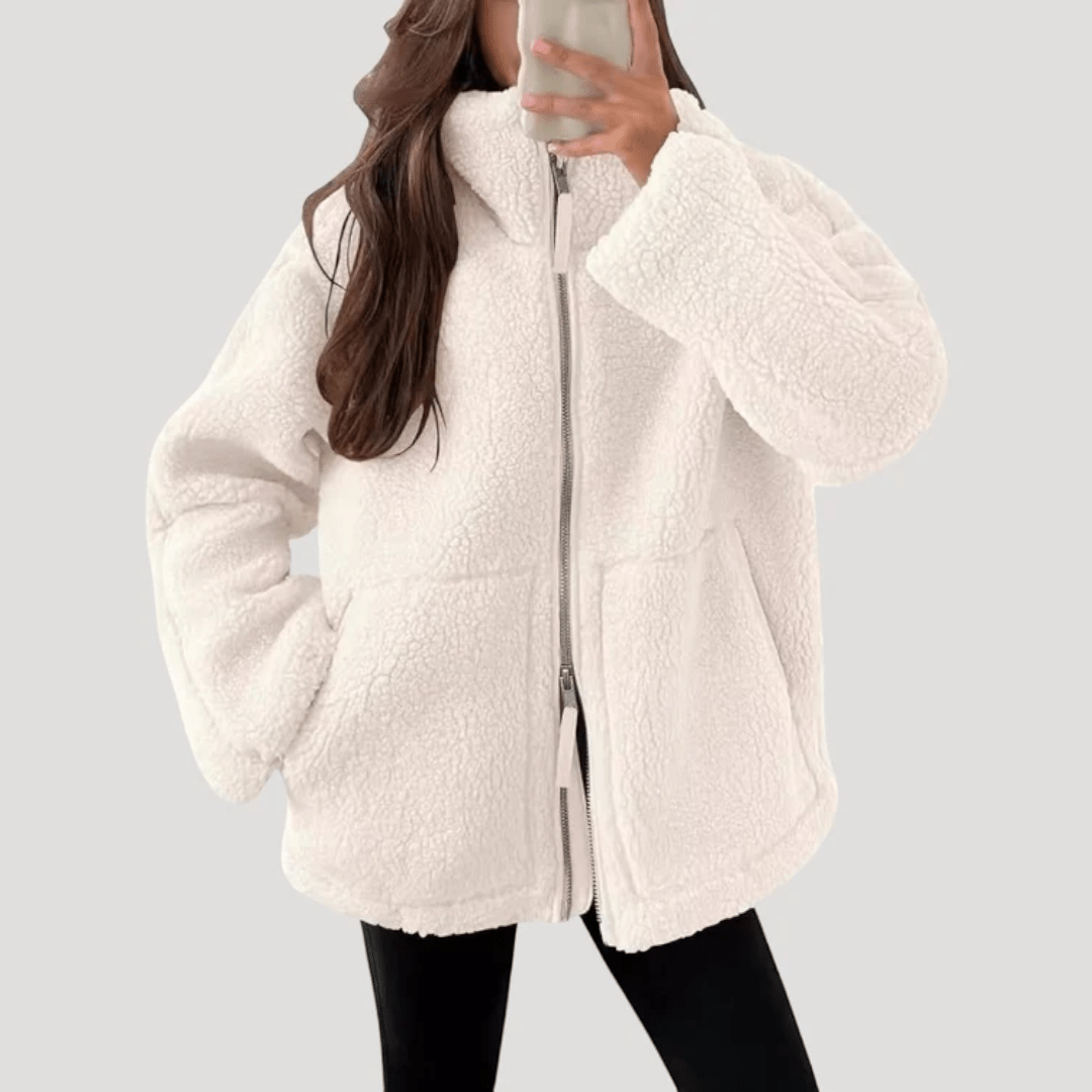 Damska kurtka zimowa typu teddy z zamkiem - Biały
