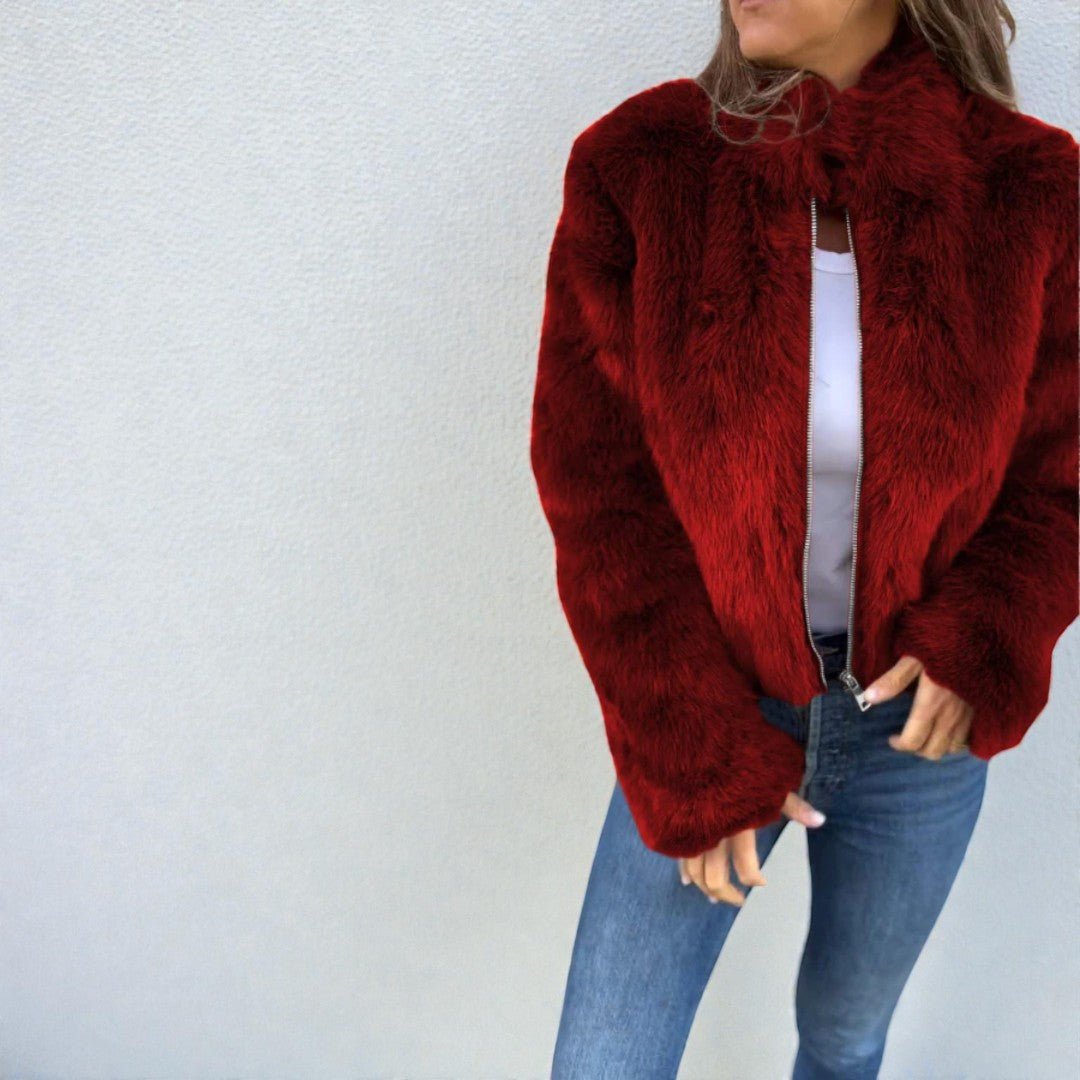 Damska kurtka zimowa z efektem sztucznego futra - Czerwony