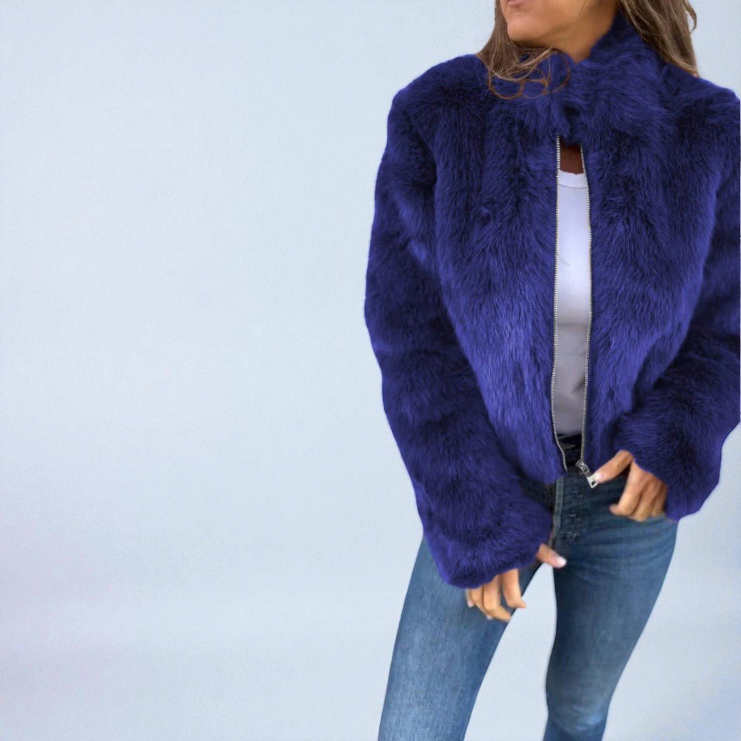 Damska kurtka zimowa z efektem sztucznego futra - Niebieski