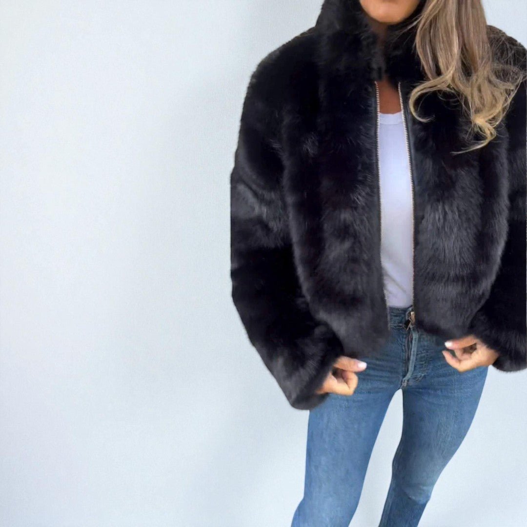 Damska kurtka zimowa z efektem sztucznego futra - Czarny