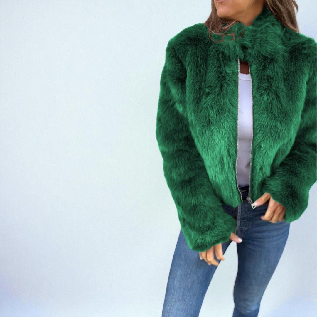 Damska kurtka zimowa z efektem sztucznego futra - Zielony