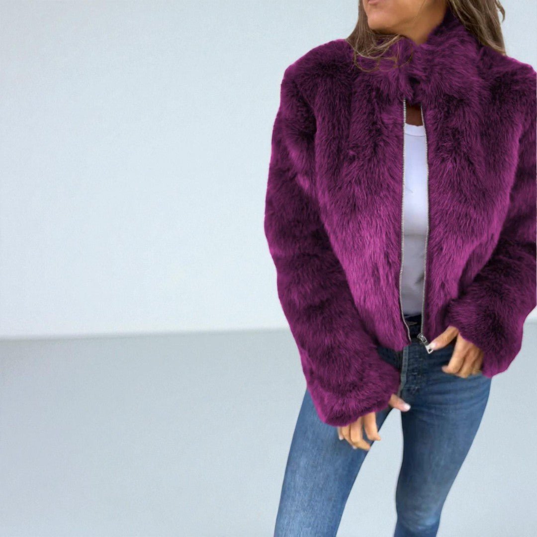 Damska kurtka zimowa z efektem sztucznego futra - Fioletowy