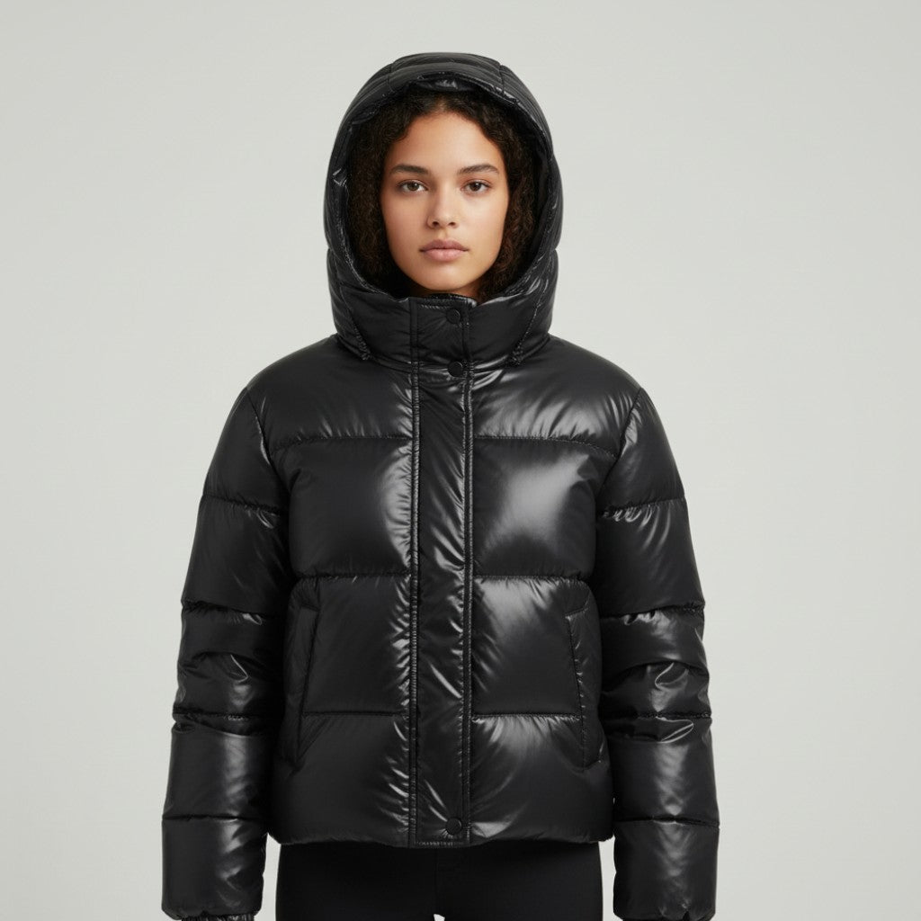 Damska puchowa kurtka zimowa z kapturem - Niebieski