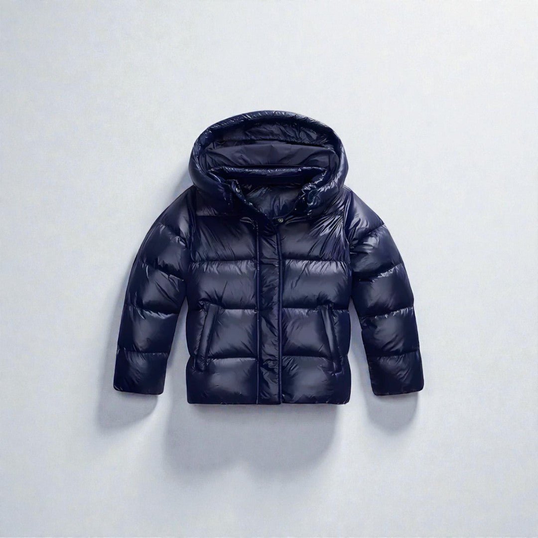 Damska puchowa kurtka zimowa z kapturem - Niebieski