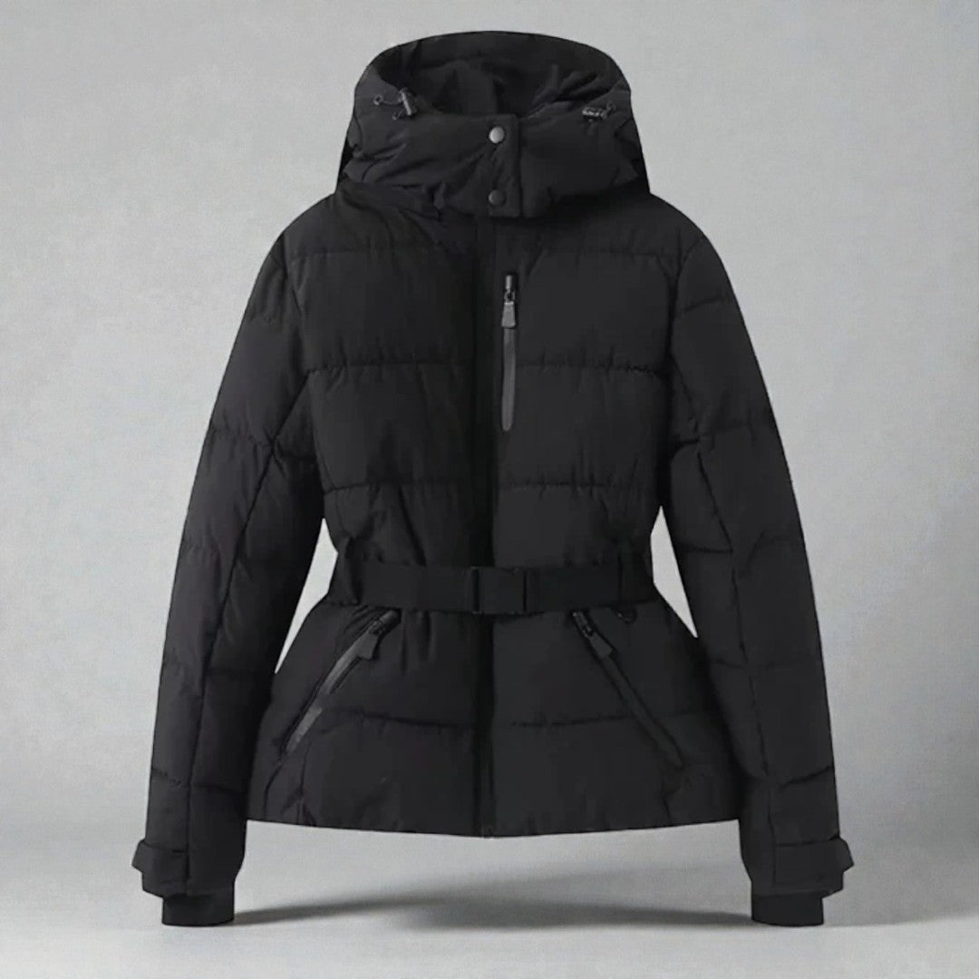 Damska puchowa kurtka zimowa z paskiem w talii i ochronną warstwą zewnętrzną - Czarny