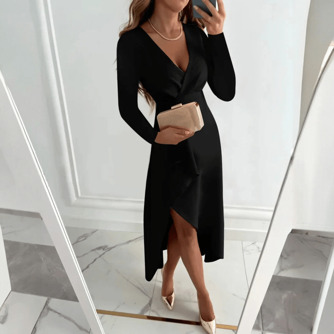 Damska sukienka midi z dekoltem V i asymetrycznym krojem - Czarny