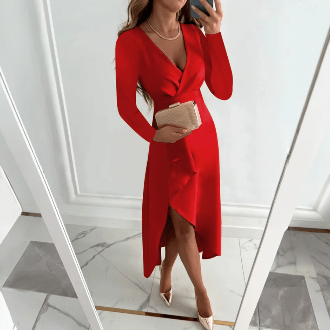 Damska sukienka midi z dekoltem V i asymetrycznym krojem - Czerwony