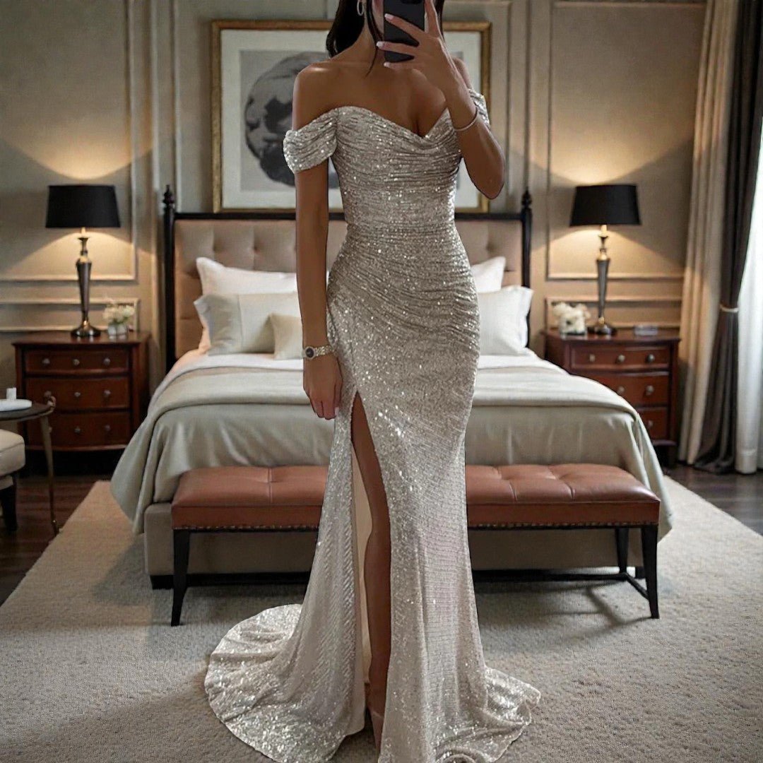 Damska sukienka z cekinami o lśniącym wykończeniu - Srebrny