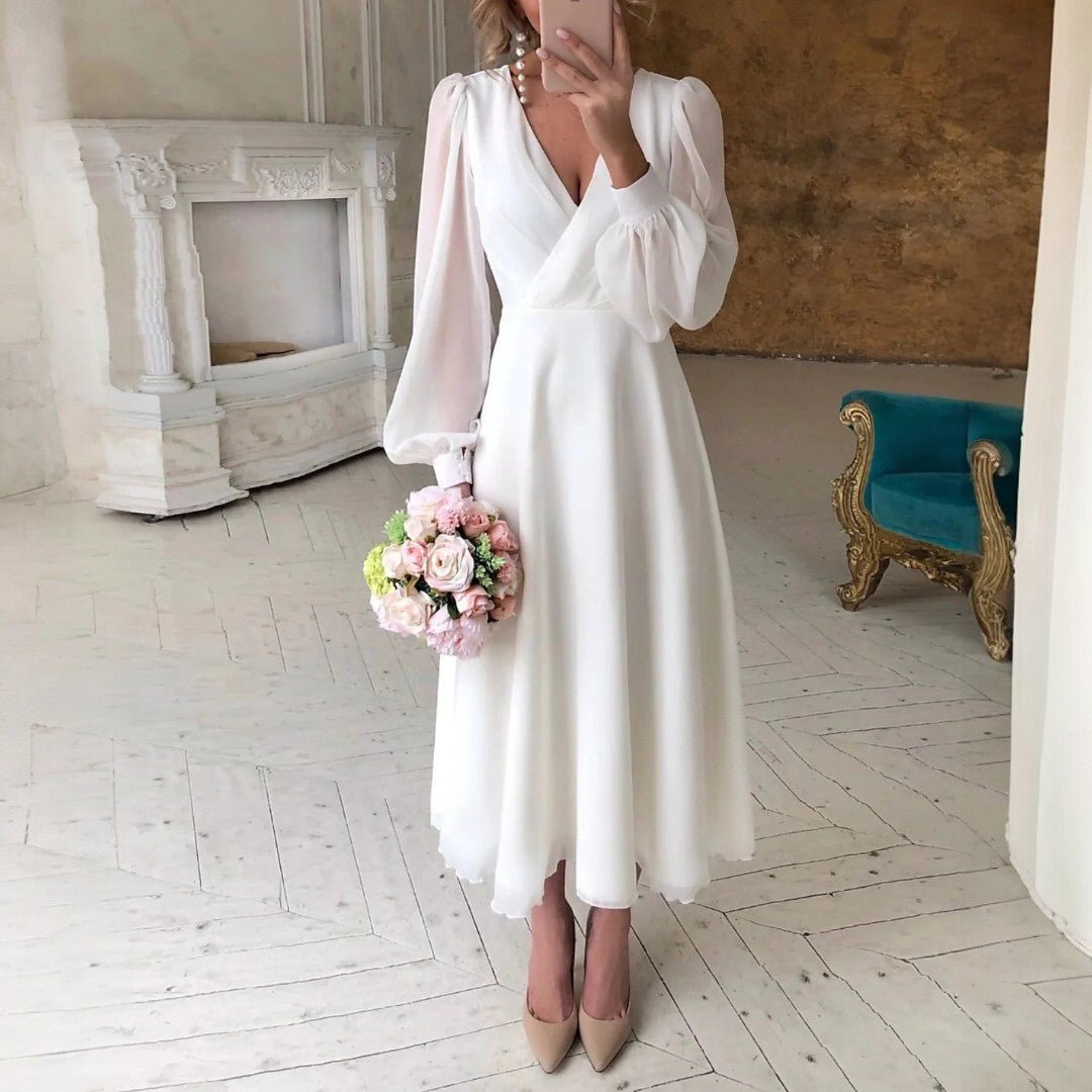 Damska świąteczna sukienka midi z długimi rękawami - Biały