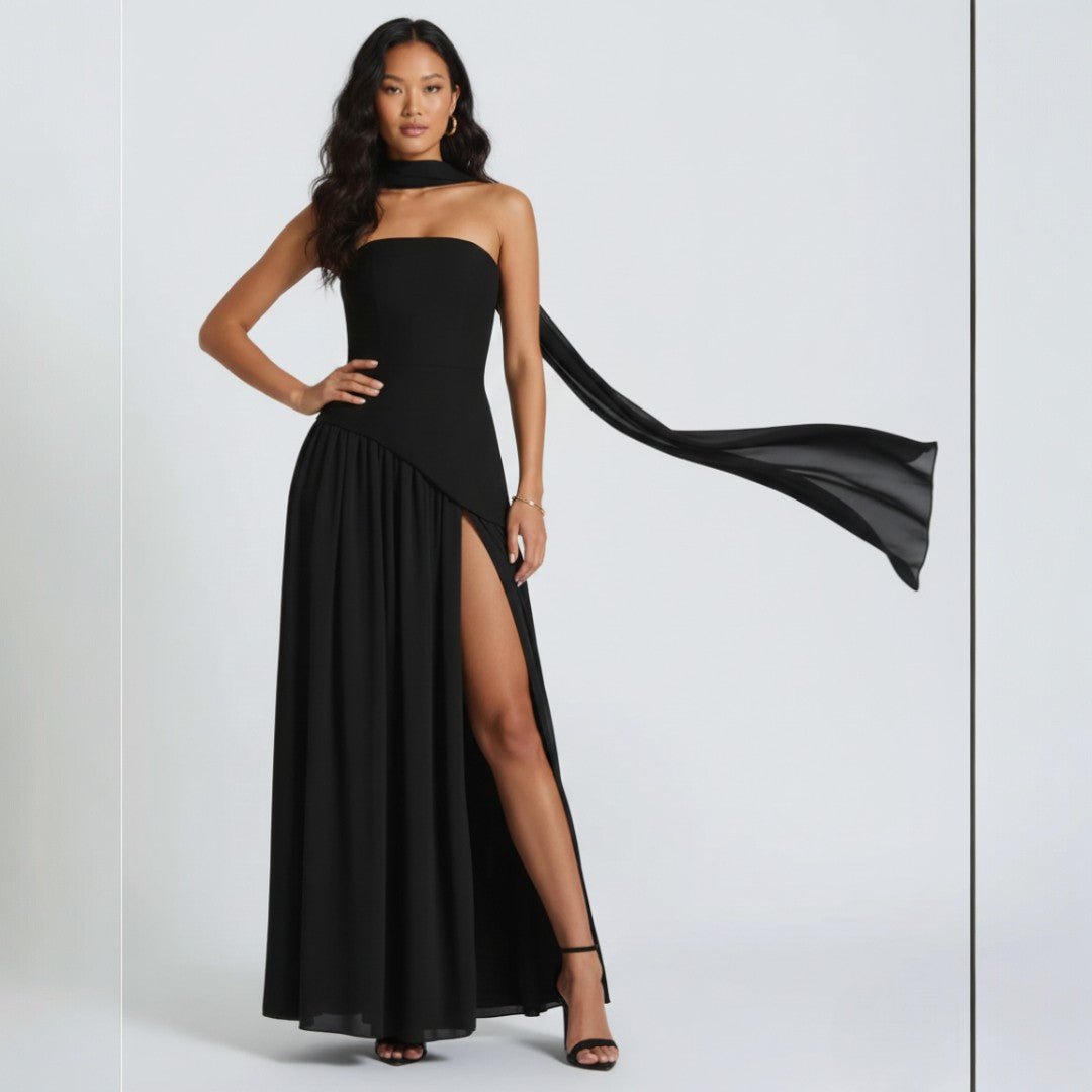 Damska wieczorowa sukienka maxi z rozkloszowanym dołem - Czarny