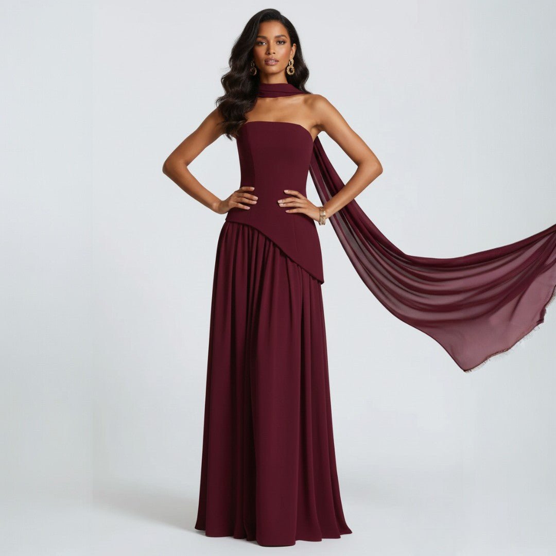 Damska wieczorowa sukienka maxi z rozkloszowanym dołem - Czerwony