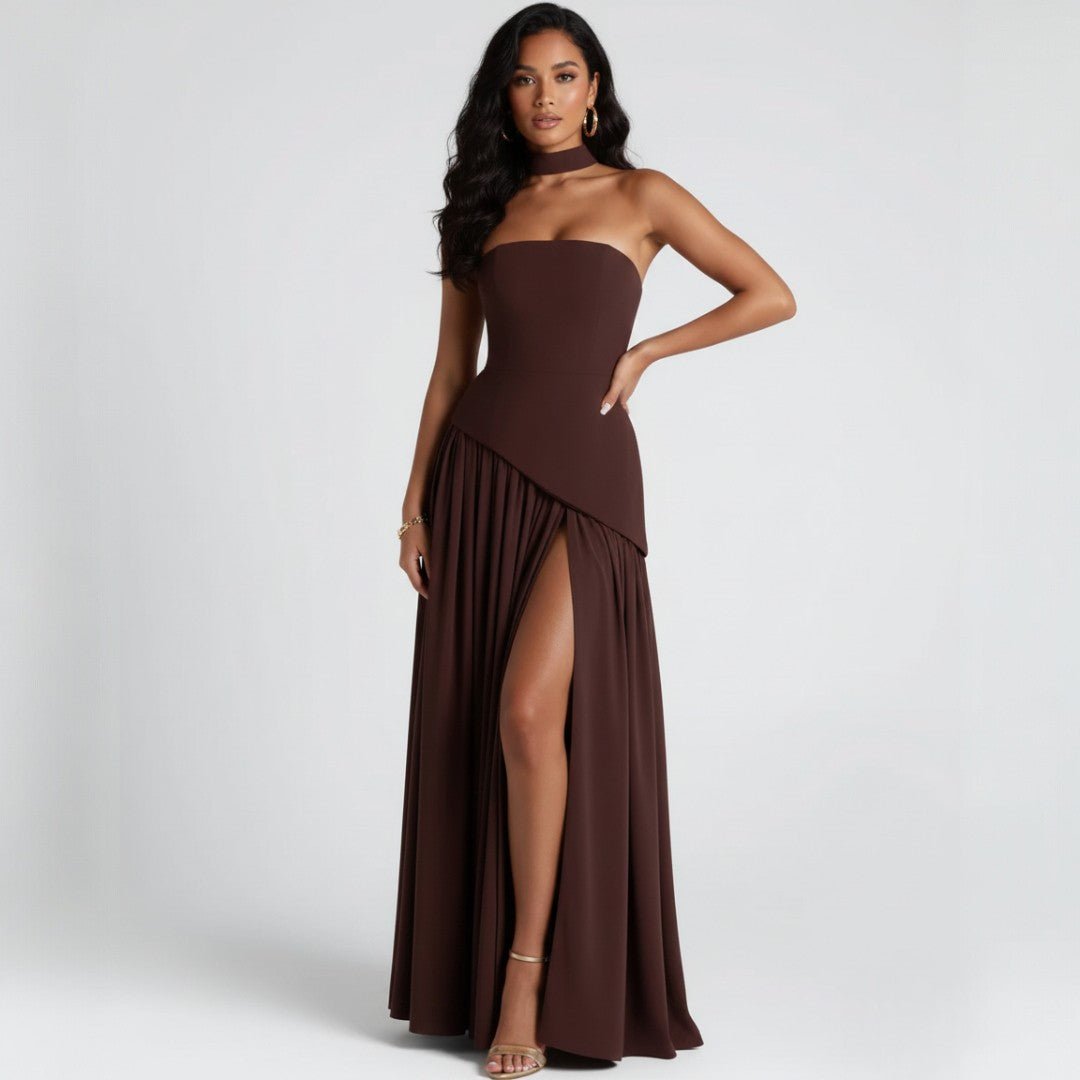Damska wieczorowa sukienka maxi z rozkloszowanym dołem - Brązowy
