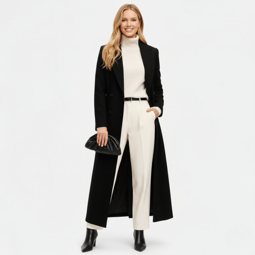 Damski długi płaszcz maxi o dopasowanym kroju - Czarny